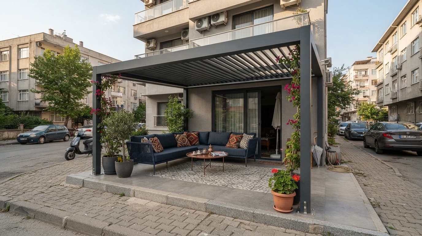 Çeşme'de bir restoran terasına kurulmuş dönen kanatlı bioklimatik pergola