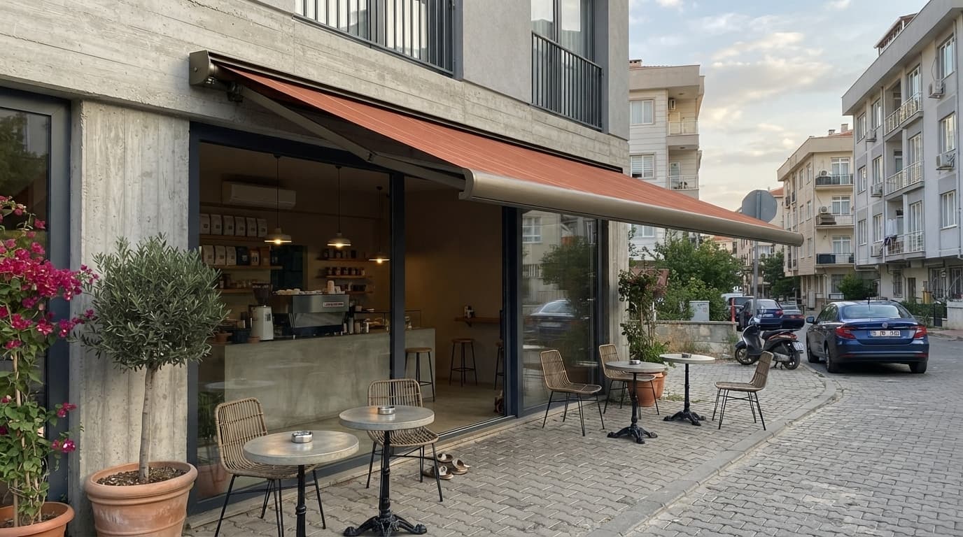 Karşıyaka'da bir apartman balkonuna kurulmuş bordo şeritli kasetli tente