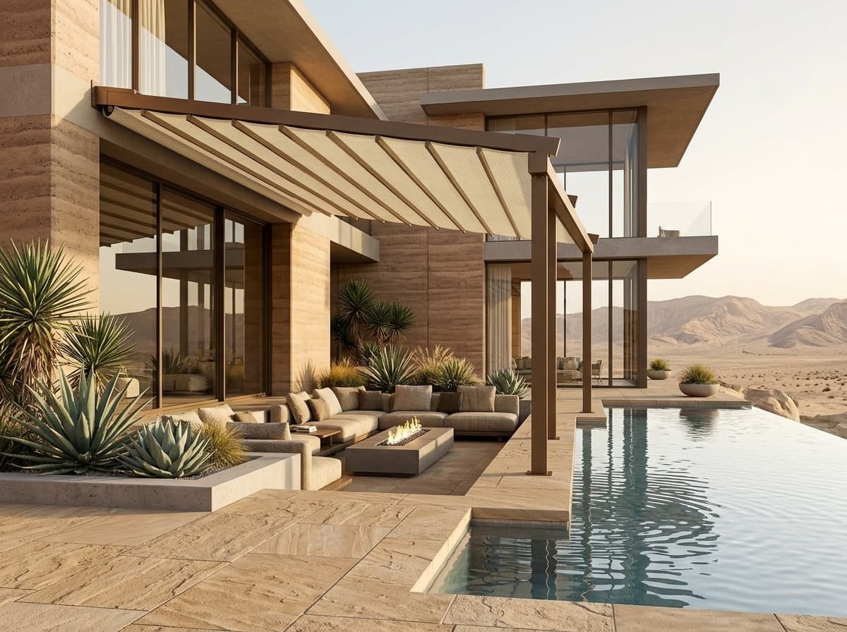 Urla'da villa bahçesine kurulmuş motorlu kumaş tavanlı otomatik pergola