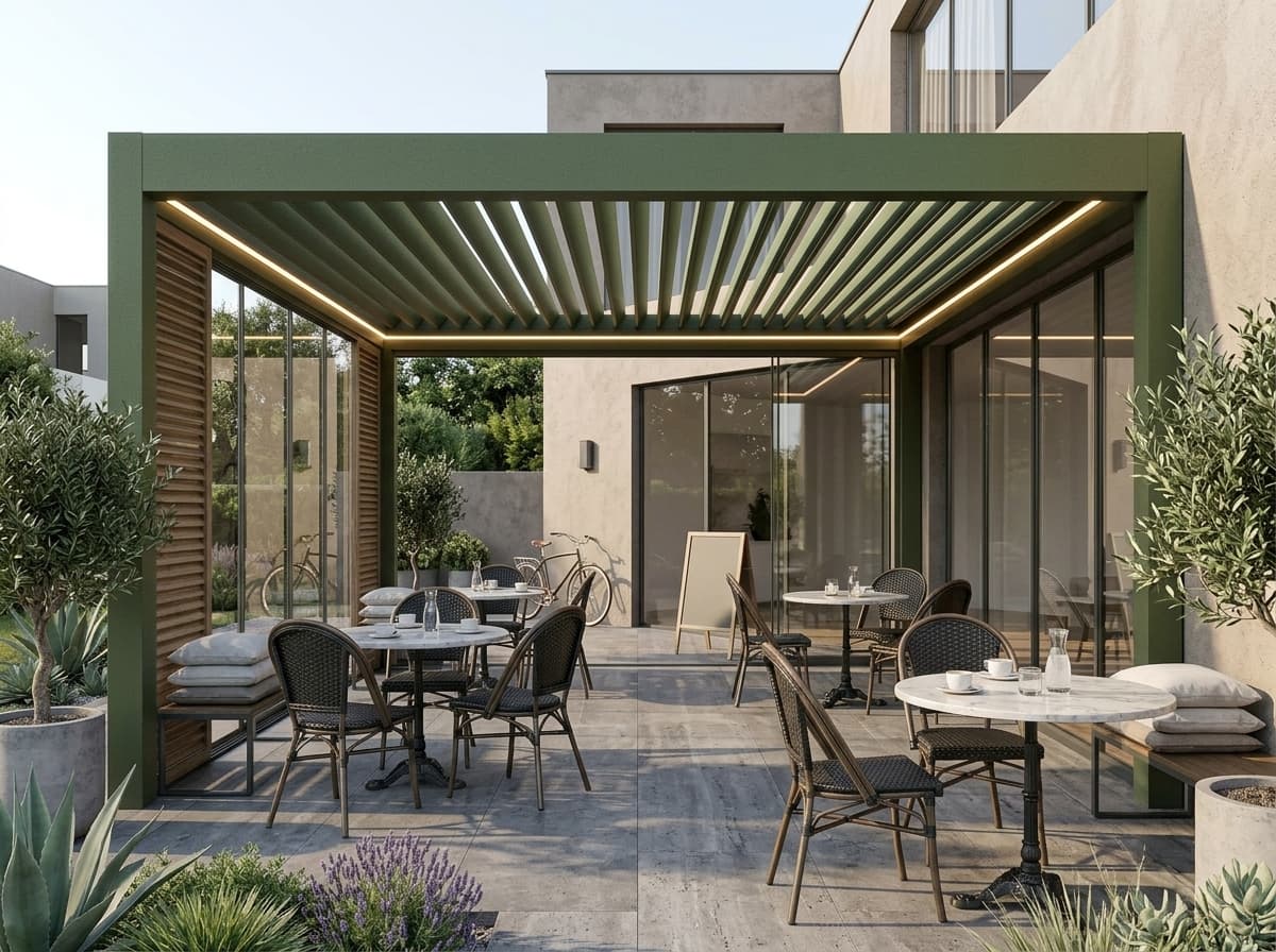 Narlıdere'de bir teras restoranına kurulmuş kayar panelli Rollingroof pergola