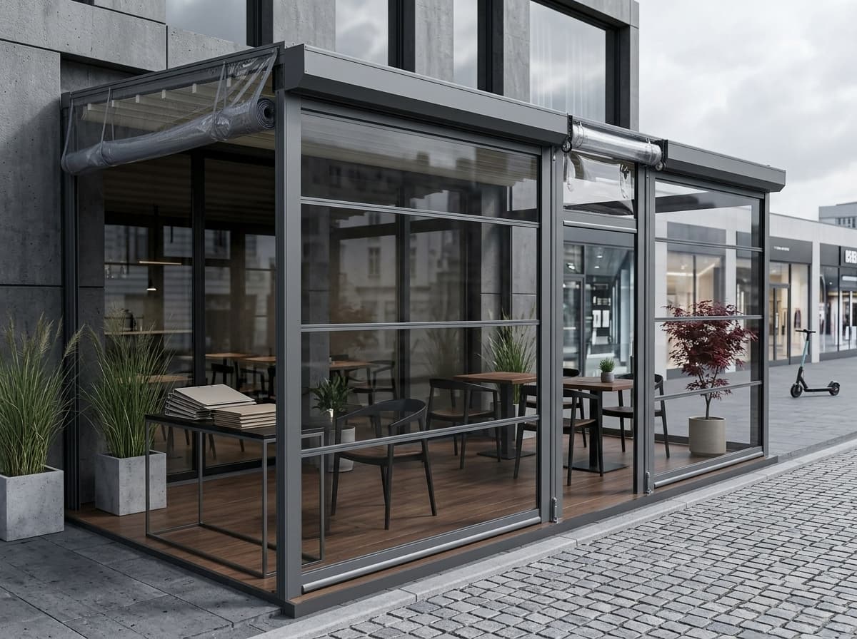 Gaziemir'de bir showroom cephesine kurulmuş şeffaf stor branda
