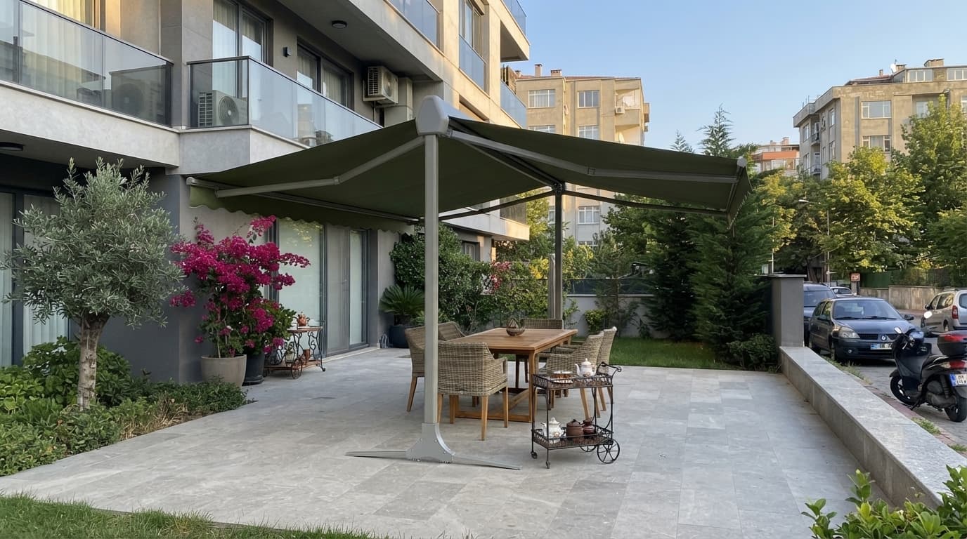 Güzelbahçe'de havuz kenarına kurulmuş çift açılımlı T model tente