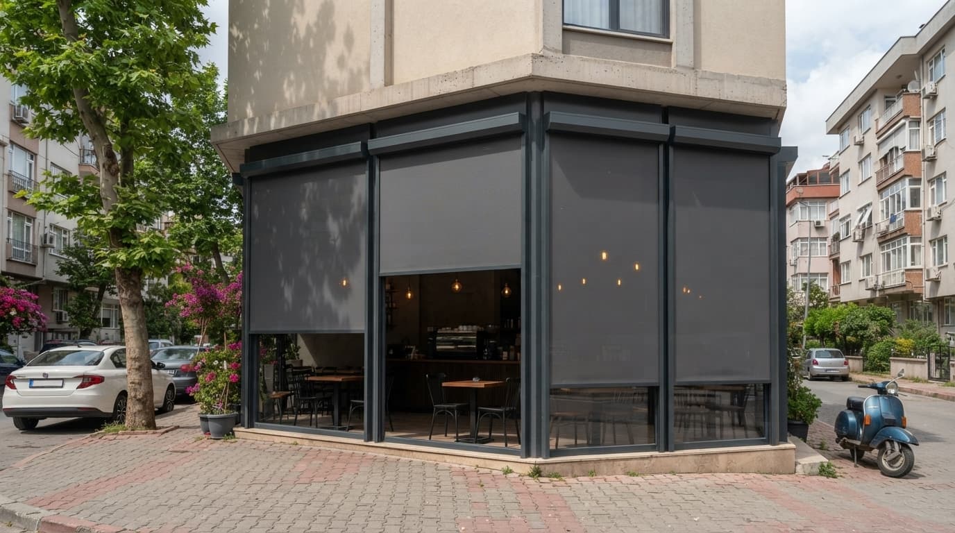 Bornova'da bir kafe terasında cam pencereli motorlu zip perde uygulaması