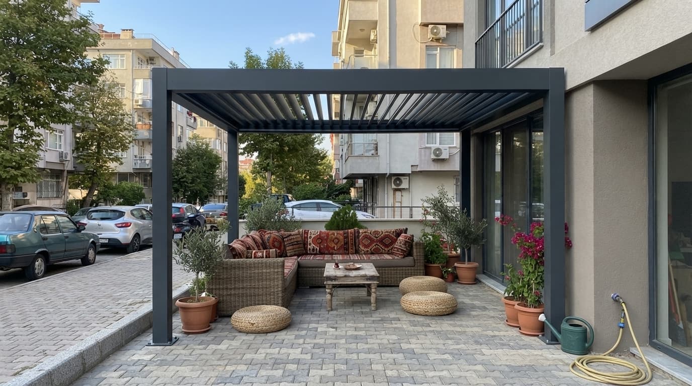 Villa bahçesinde bağımsız kurulmuş ada tipi bioklimatik pergola