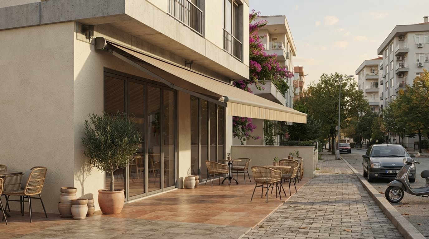 Mafsallı tentenin yaylı katlanır kolunun yakın detayı