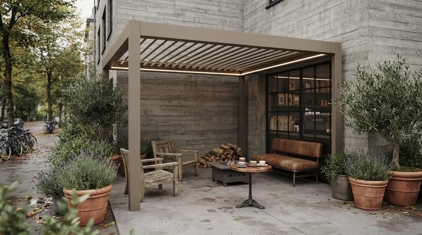 Villa terasında panelleri yarı toplanmış Rollingroof pergola