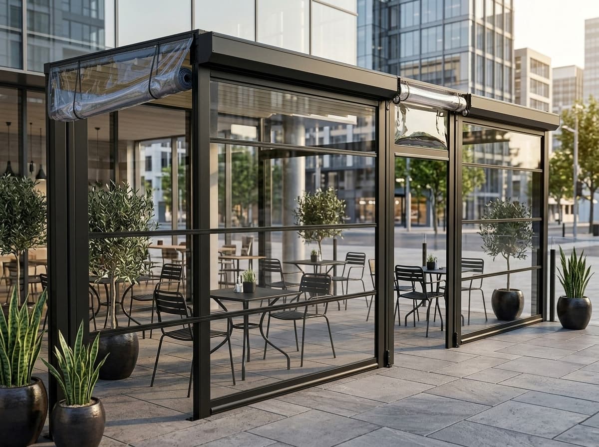 Restoran terasında yan yana kurulmuş şeffaf stor branda açıklıkları