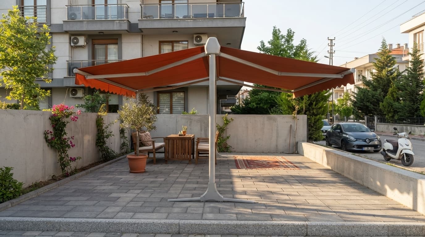 Restoran arka bahçesinde yemek alanını örten T model tente