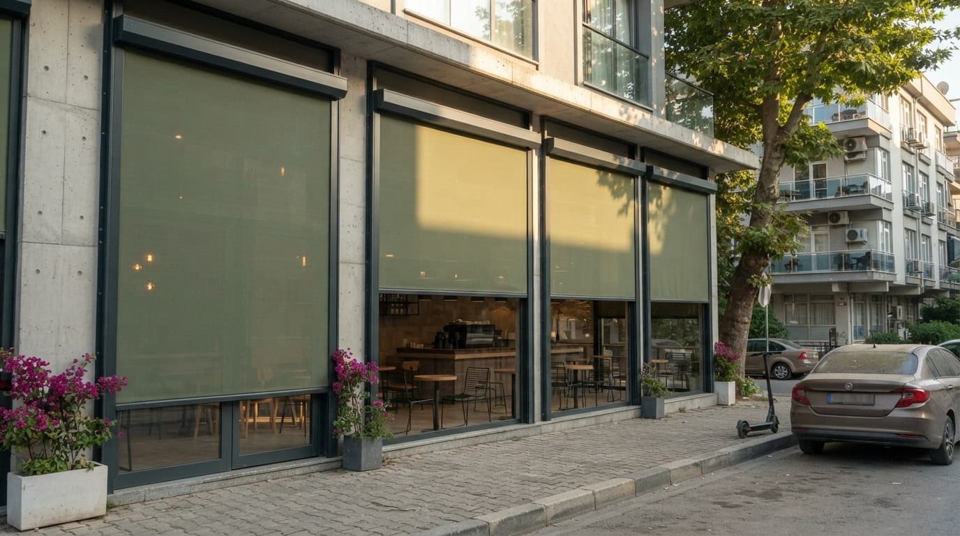 Kış bahçesine dönüştürülmüş kafe terasında cam pencereli zip perde
